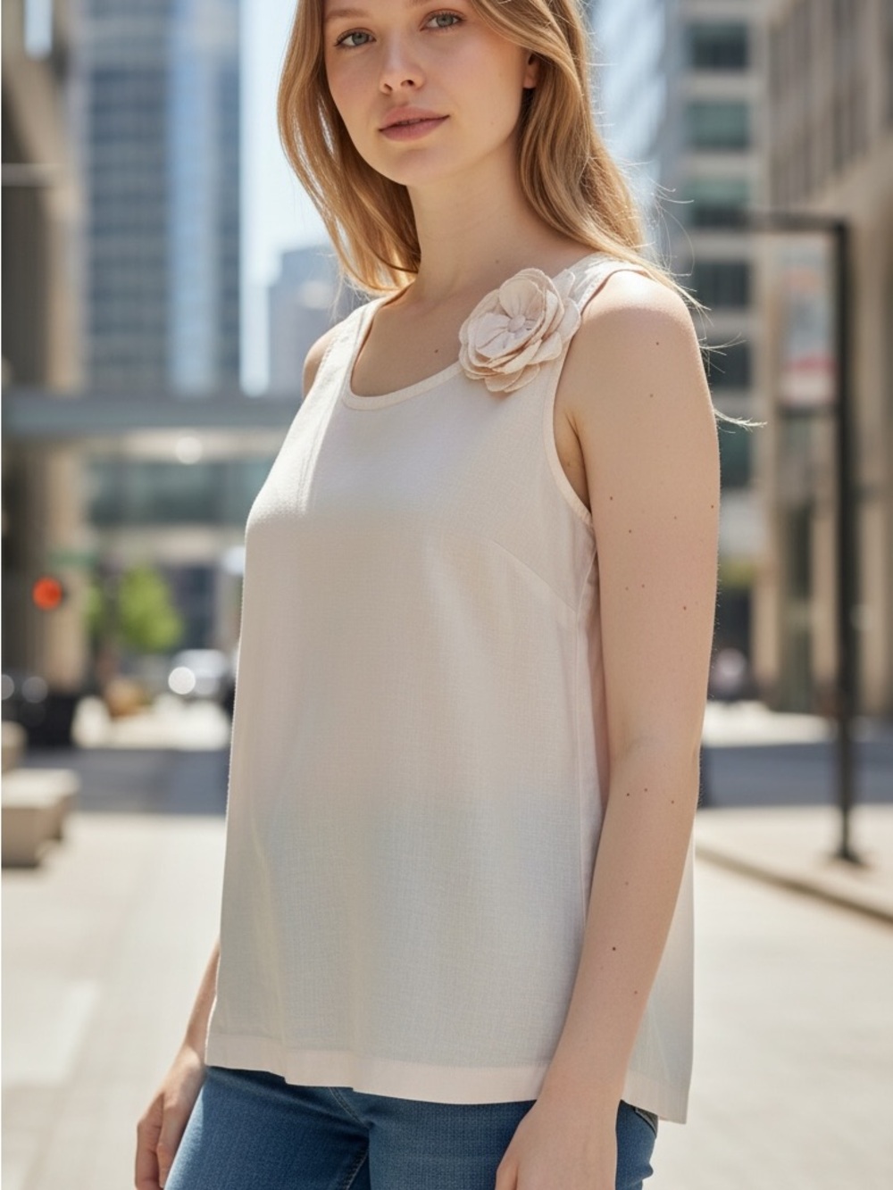 Tommy Hilfiger - L Sleeveless Light Blush Floral Applique Tank Top